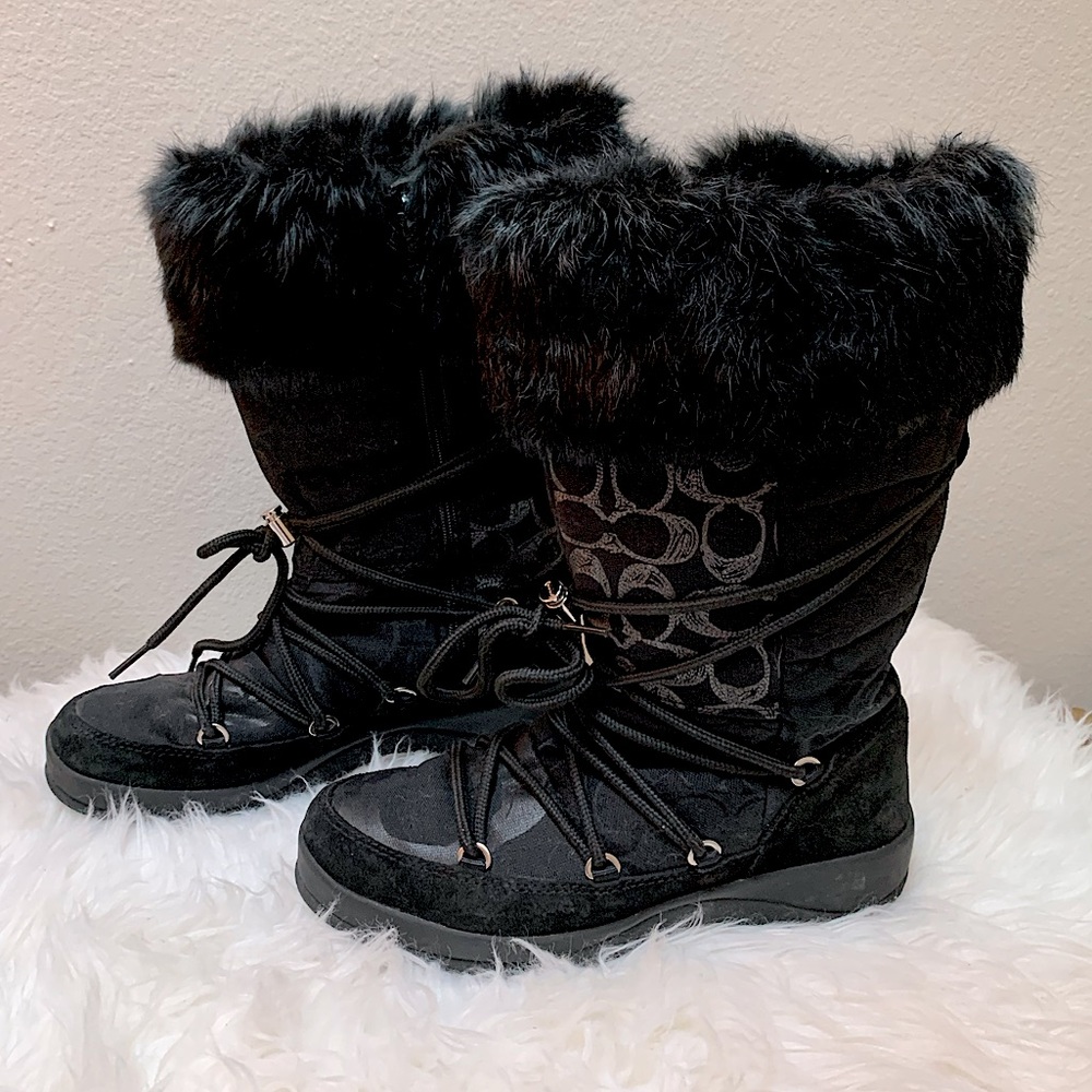 *Vintage* Coach Womens Black Winter Snow Boots with Patchwork Print, Fur, Suede
